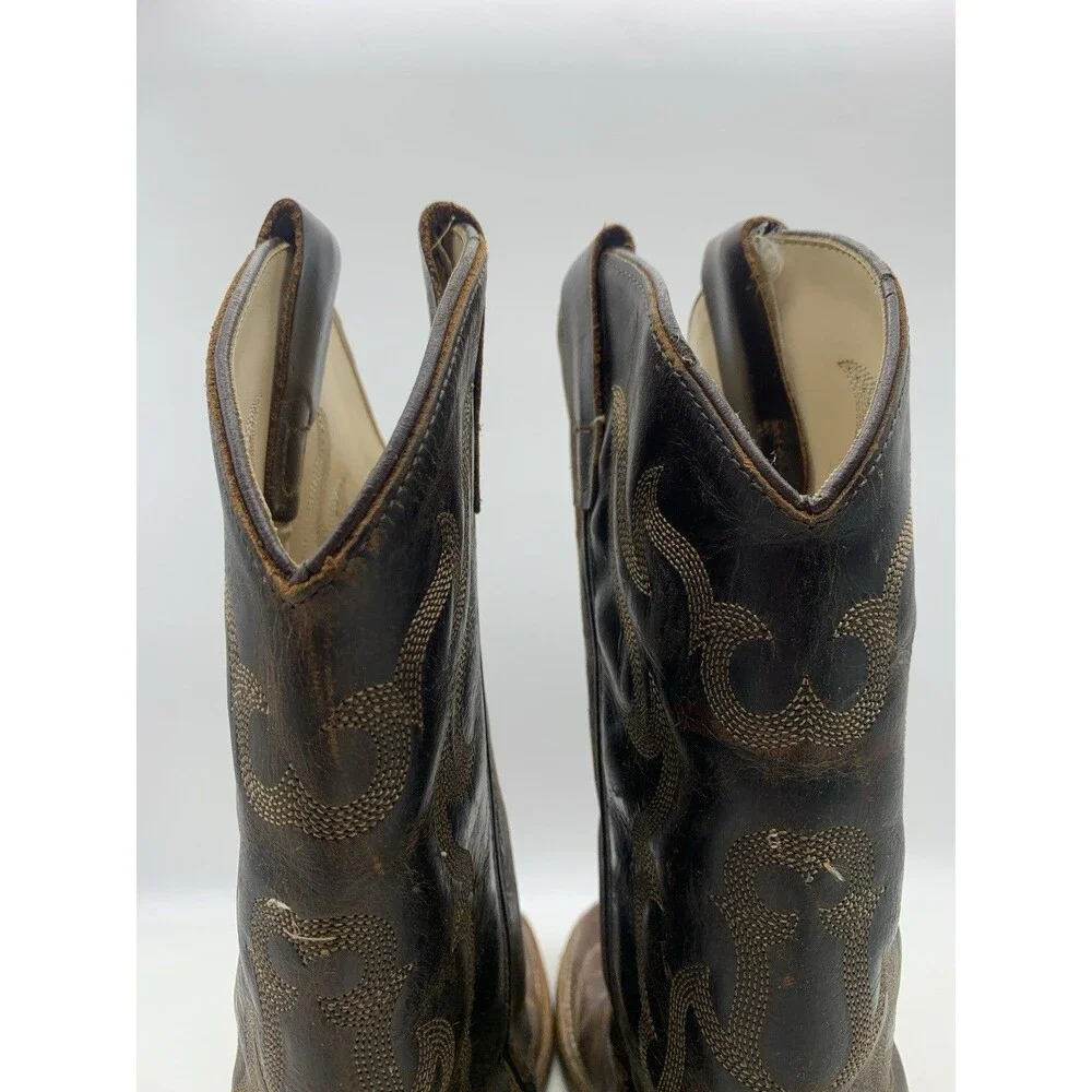 Old West Youth Cowboy Boots Brown Leather Square Toe Size 6.5 D Women’s Sz 8